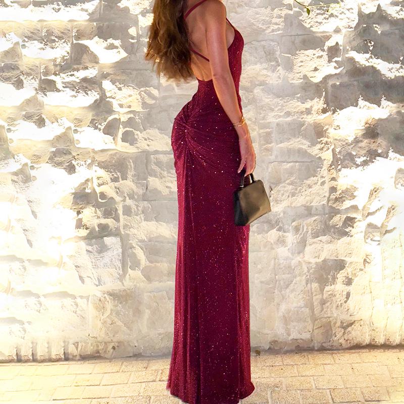 Elegant 2025 Summer Women's Backless Pleated Dress with Hot Stamping Design