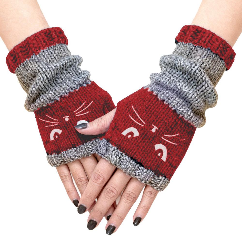 Fingerlose Katze Stickerei Gestrickte Handschuhe, Winter Warme Handschuhe, Modische Lässige Damen Handschuhe Neujahrsgeschenke