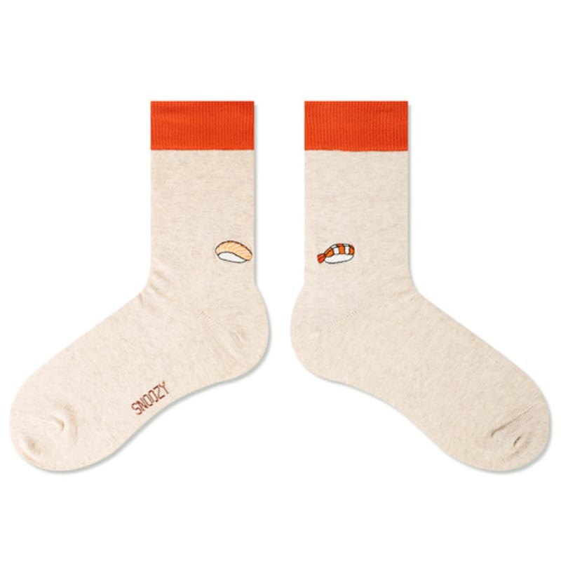 SNOOZY Sushi Embroidered Socks (Oatmeal Orange)