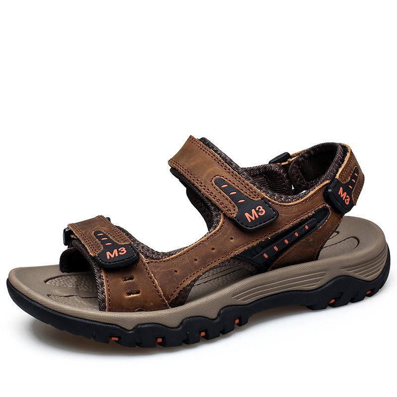 Men s Hand-stitched Premium Cowhide Plus Size Beach Sandals 46 темно-коричневого