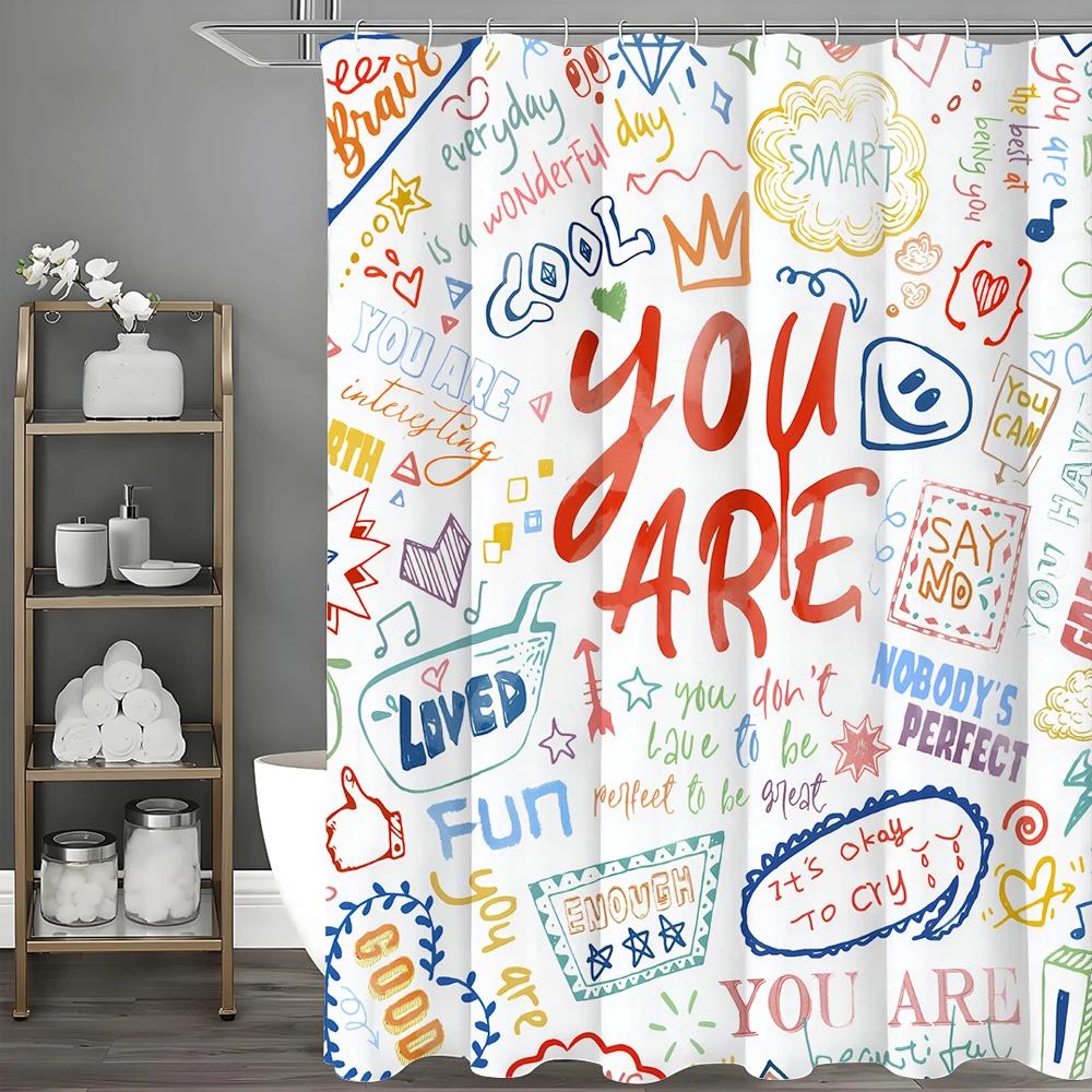Inspirational Quotes Colorful Graffiti Text Shower Curtain, Bathroom Decorative Shower Curtain, Waterproof Shower Curtain with H