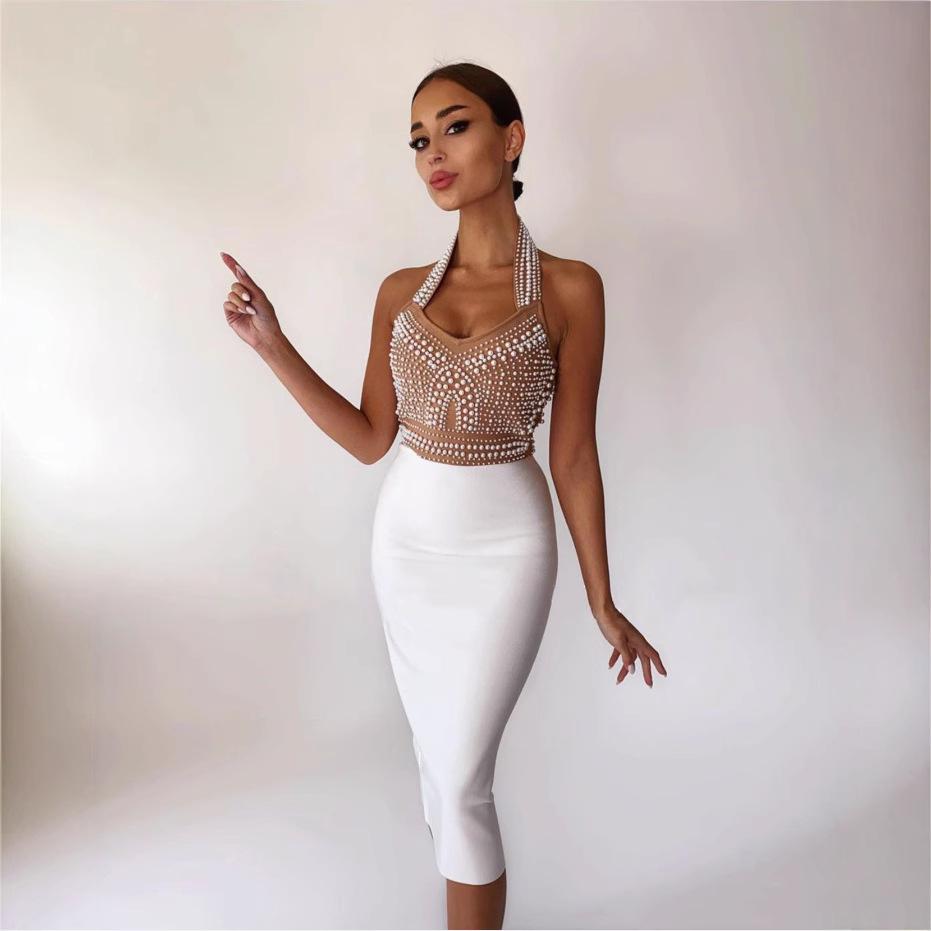 2022 Halter V-Neck Beaded Bandage Midi Dress - Slimming Evening Style