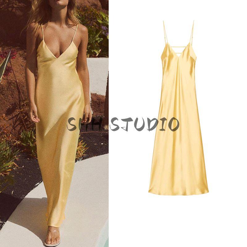 Summer V Neck Sling Mid-Length Silk Satin Texture Midi Skirt Dress 2452331 3258331 8331