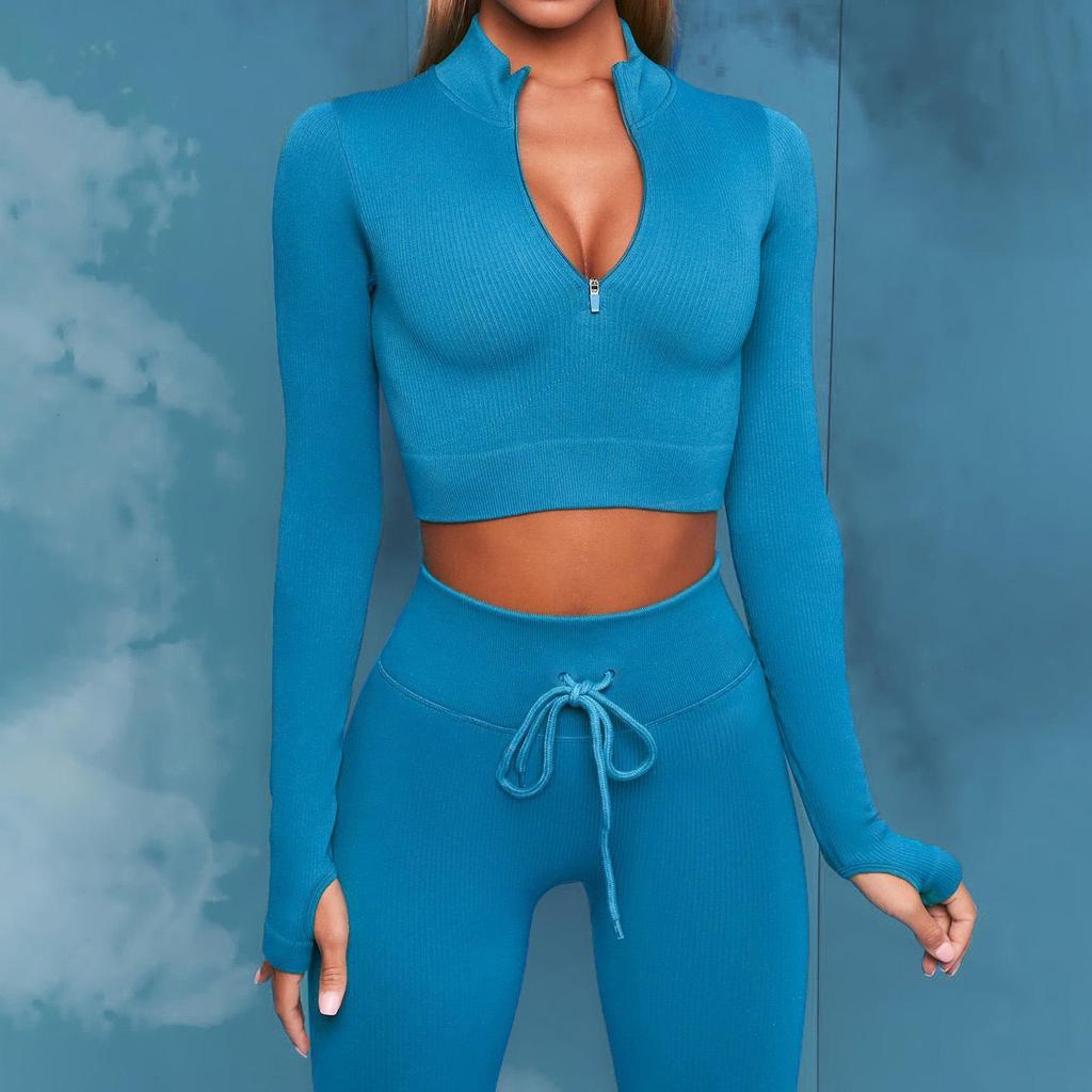 Ribbed Seamless Knitted Tracksuit: Crop Top & High Waist Butt Lift Yoga Pants, Long/Short Sleeve Options