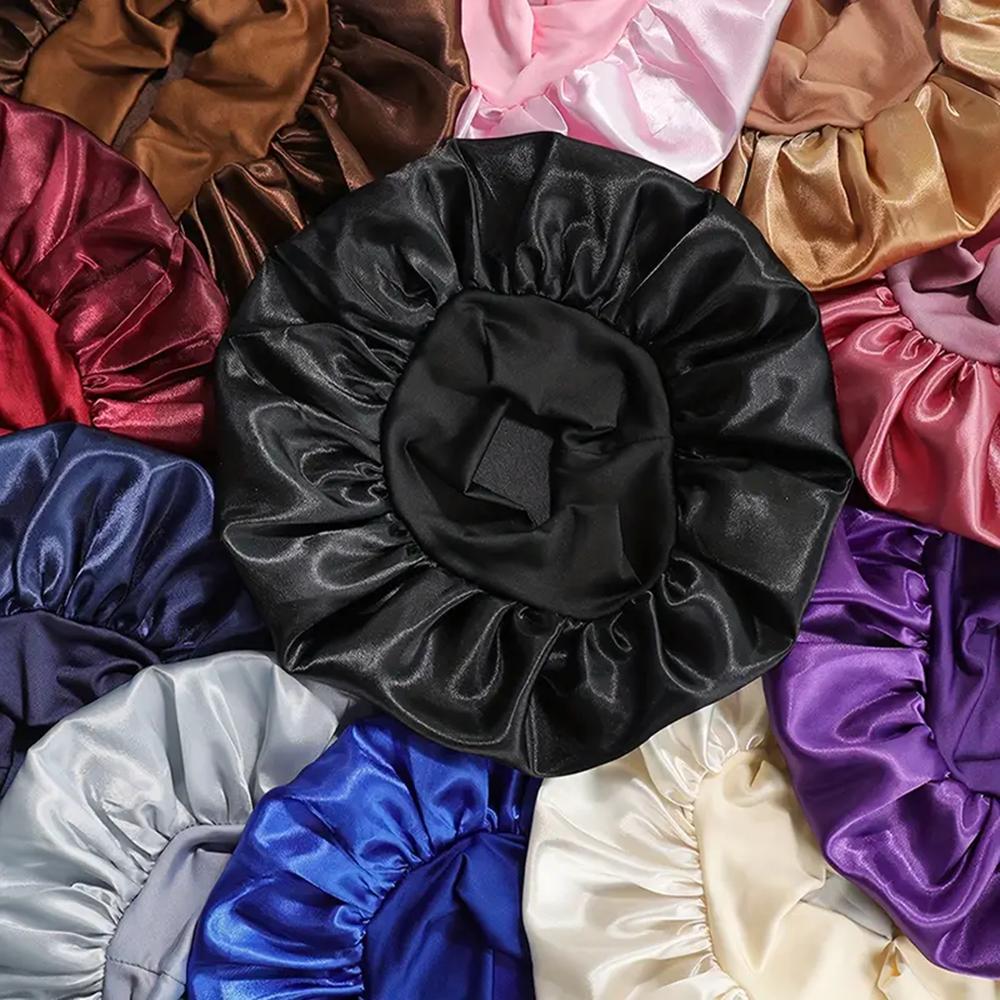 8pcs Silky Satin Bonnet Reusable Elastic Wide Band Shower Cap Sleep Cap Hair Protection Cap For Women Curly Hair Natural Hair