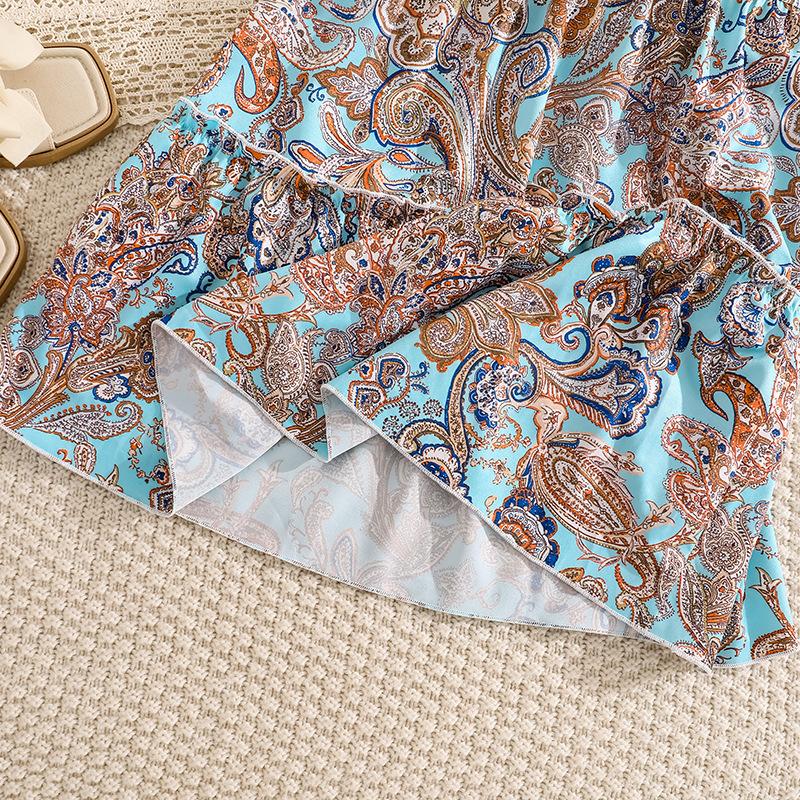 Vacation-Style Floral Print Suspender Dress Summer Girls' Clothing Backless Dress Waist-Cinching Beach Dress
