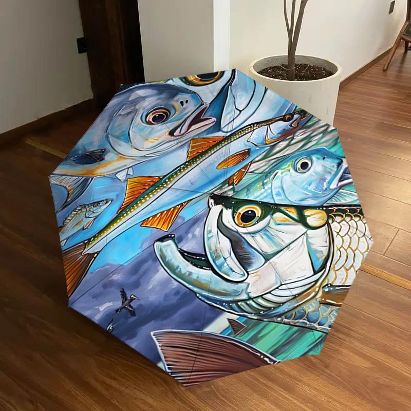 

automated folding umbrella with fish print portable tripod design,8 bone iron frame outdoor umbrella,perfect gift for fans,travel,dail
