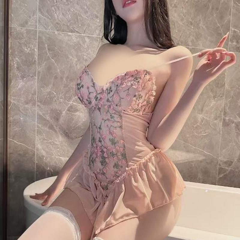 Deep V Flower Vine Open Crotch Bodysuit Suspender Embroidery Ballet Nightdress Slim Gathered Mesh Bodycon