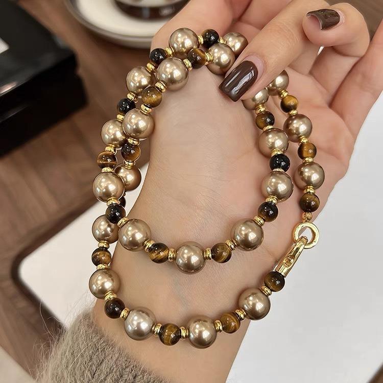 Autumn-Winter Myllard Tiger's Eye Mocha Gold Brown Pearl Necklace – Luxury Sweater Chain for Women