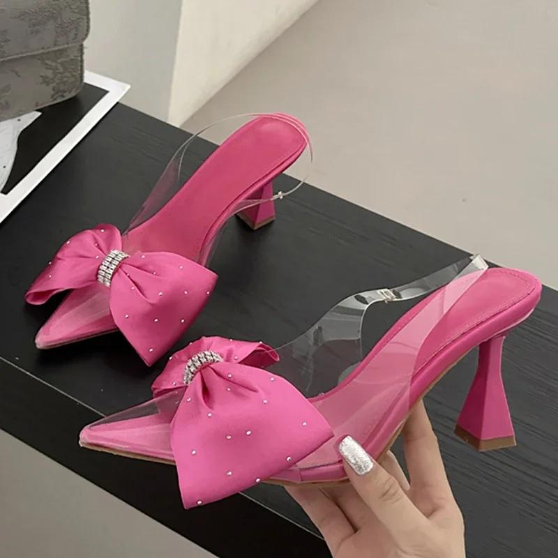 Eilyken Butterfly-knot Pointed Toe Women Pumps Sexy PVC Transparent Low Heels Sandals Elegant Wedding Banquet Female Shoes