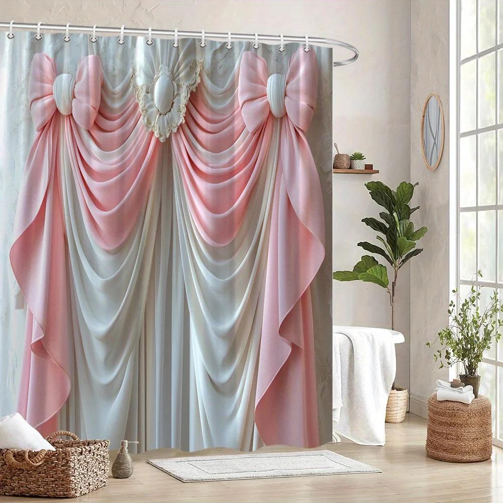Elegante Tenda da Doccia Bianca e Rosa con Drappeggio - Fiocchi Simmetrici in Raso, Ricamo Floreale, Dettaglio a Nastro, 12 Ganci, Regalo Ideale
