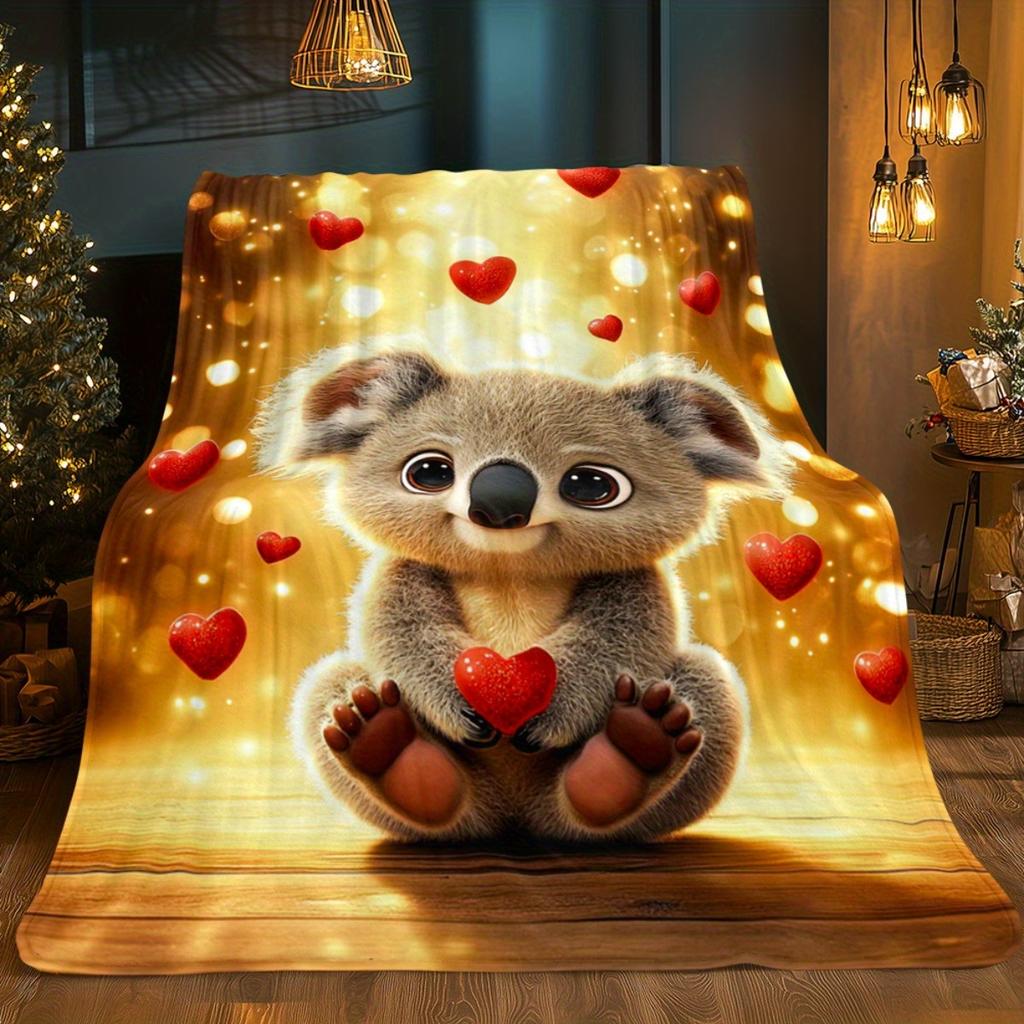 Cute Koala Holding Red Heart Golden Glow Blanket Soft Flannel Throw Kids Bedroom Decor Valentine Gift Love Theme
