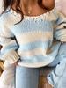 Herbst Winter Mode Lässiger Lockerer Strickpullover Schultergurt Cord Streifen Süßes Oberteil