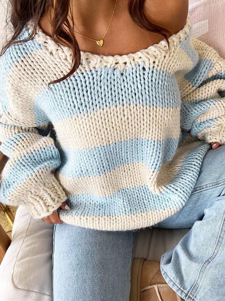 Herbst Winter Mode Lässiger Lockerer Strickpullover Schultergurt Cord Streifen Süßes Oberteil