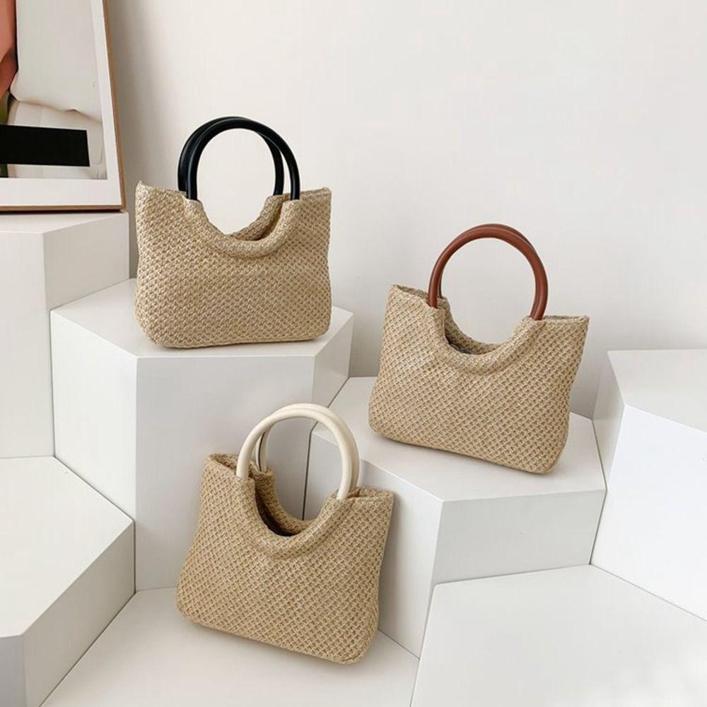 Capacity Bohemian Grocery Handbags Pu Leather Weave Beach Bag Women Handbag Shoulder Bag Straw Bag