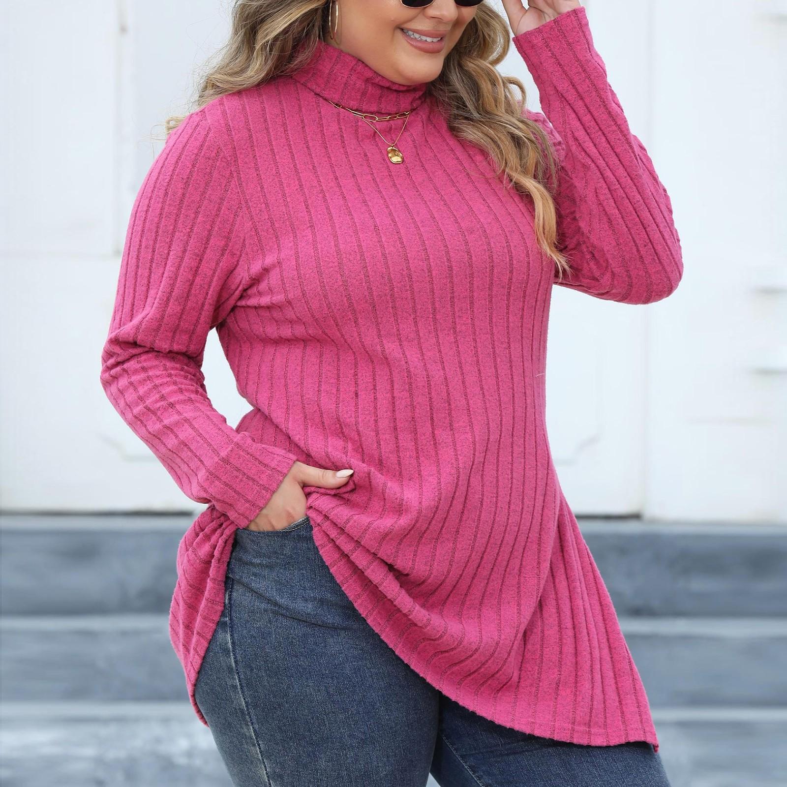 

Женская базовая футболка большого размера с высоким воротом, облегающего кроя, в полоску и с разрезами средней длины XXXL