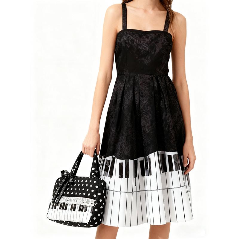 Black Polka Dot Handbag Women Piano Design Shoulder Bag Lace Trim Butterfly Ribbon Underarm Bag Fashion Musical Note Tote Bag