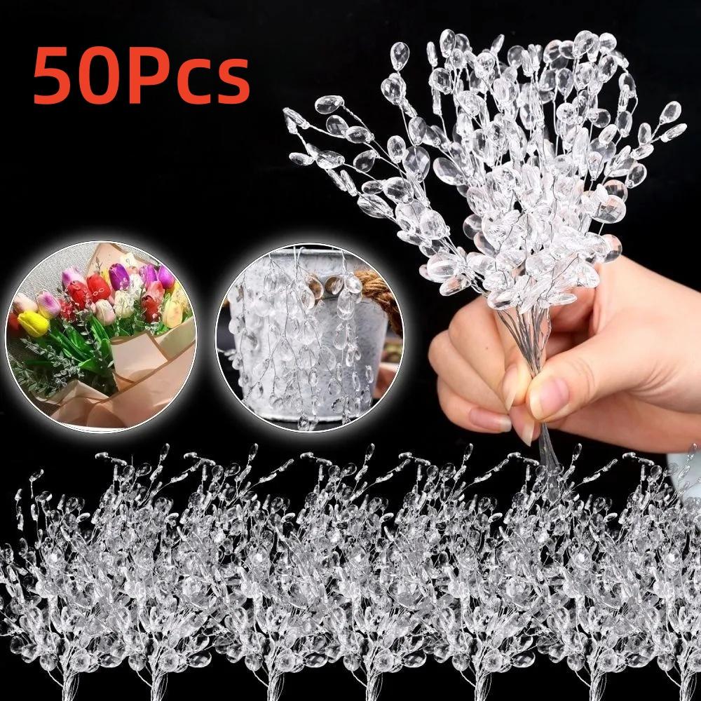 50 pièces Tige Goutte Perle Acrylique Bouquet de Fleurs Cristal Bourgeon Branches Fleur Twig Pique pour Mariage Décoration Maison Décor Floral Fourniture d'Artisanat