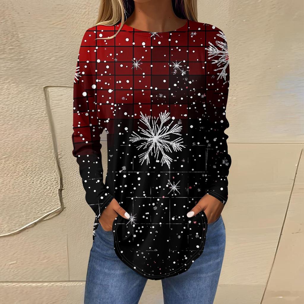 3D Gradient Color Christmas Tree Print Round Neck Long-sleeved T-shirt Casual Long-sleeved Top