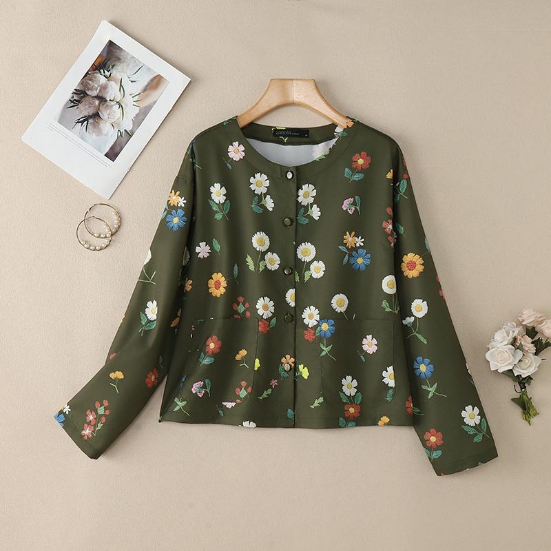 ZANZEA Women Casual Round Neck Long Sleeve Loose Floral Print Blouse
