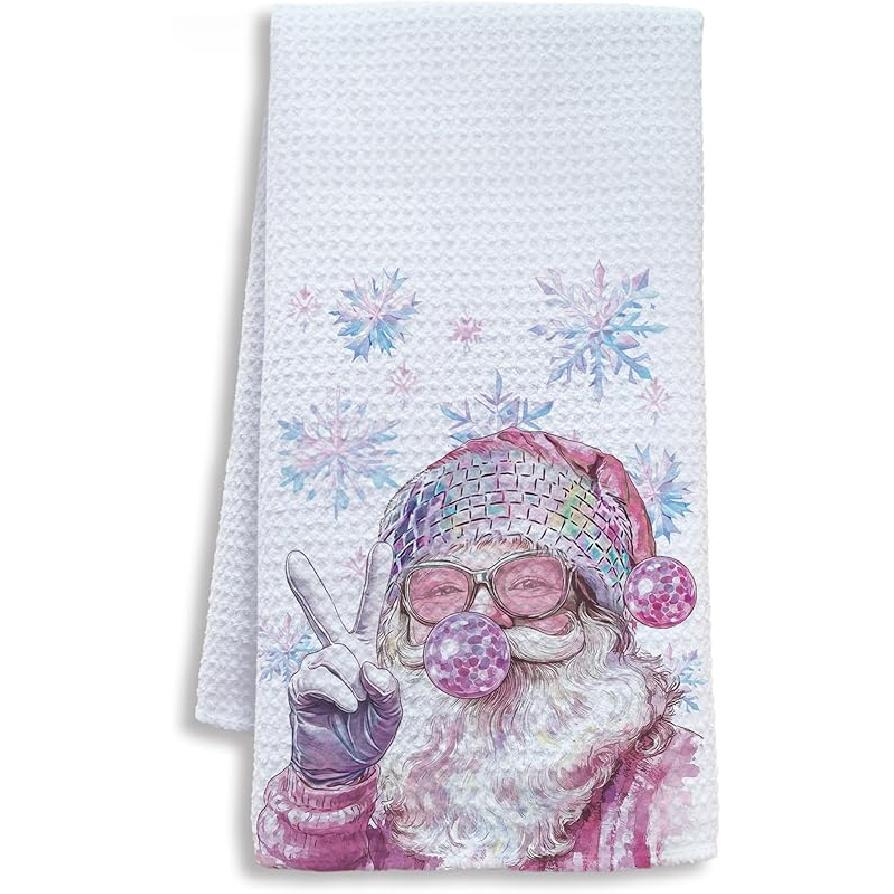 Pink Santa Winter Kitchen Towels, Snowflake Winter Dish Tea Towels for Kitchen, Funny Christmas Santa Claus Holiday Decorative Hand Towel for