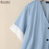 ZANZEA Women Casual V-neck Lace Patchwork Short Sleeve Loose Blouse