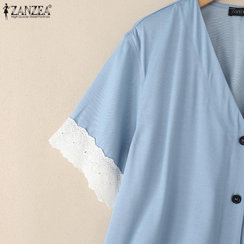 ZANZEA Women Casual V-neck Lace Patchwork Short Sleeve Loose Blouse