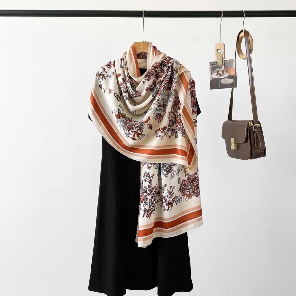 Autumn New High End Touching Word Pattern Silk Scarf for Women Lake Color Geometric Printing Imitation Silk Satin Shawl