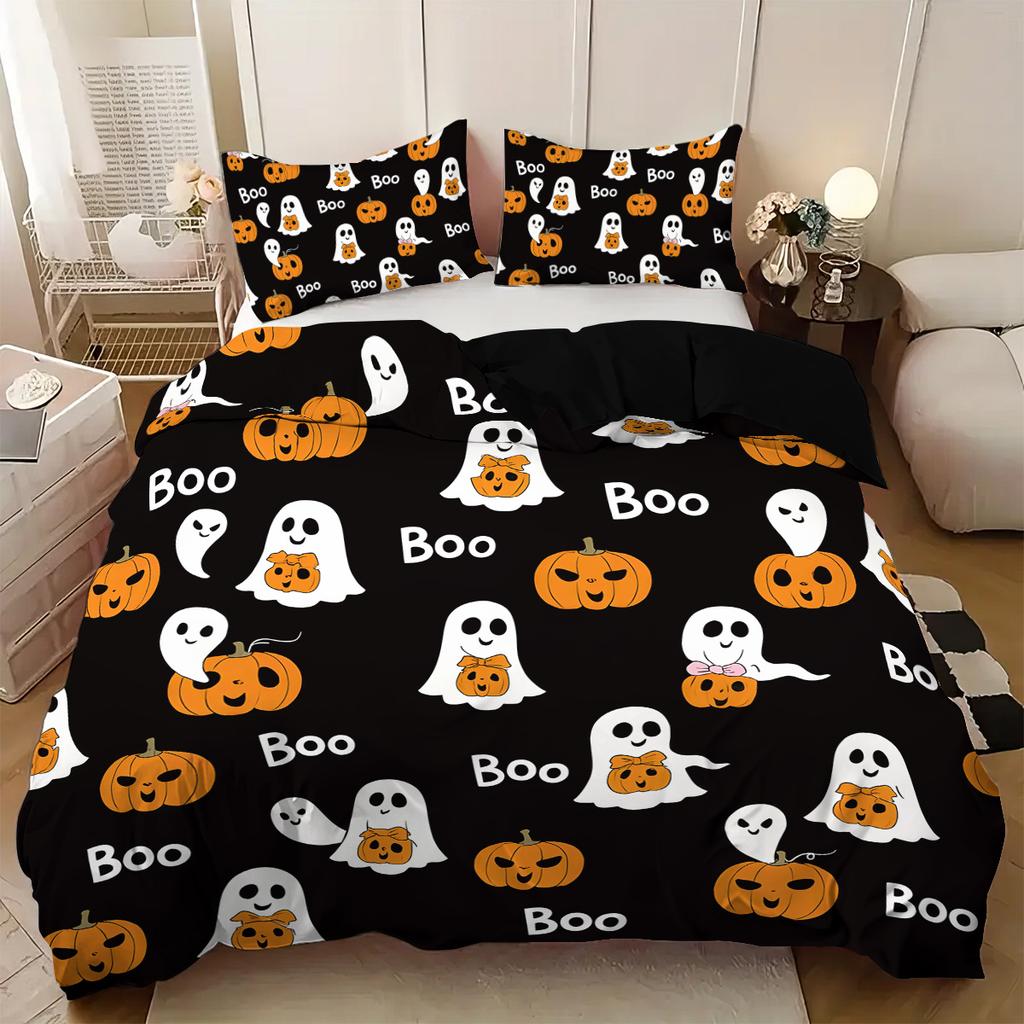3-piece Halloween themed black cute ghost pattern duvet cover set, 1 duvet cover+2 pillowcases, coreless