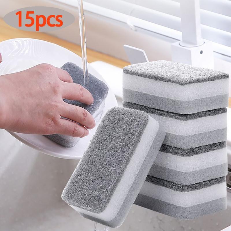 

15pc Double-sided Cleaning Spongs Household Scouring Pad Kitchen Wipe Reusable Dishwashing Sponge Cloth Dish Cleaning Towels Accessories 15PCS серый