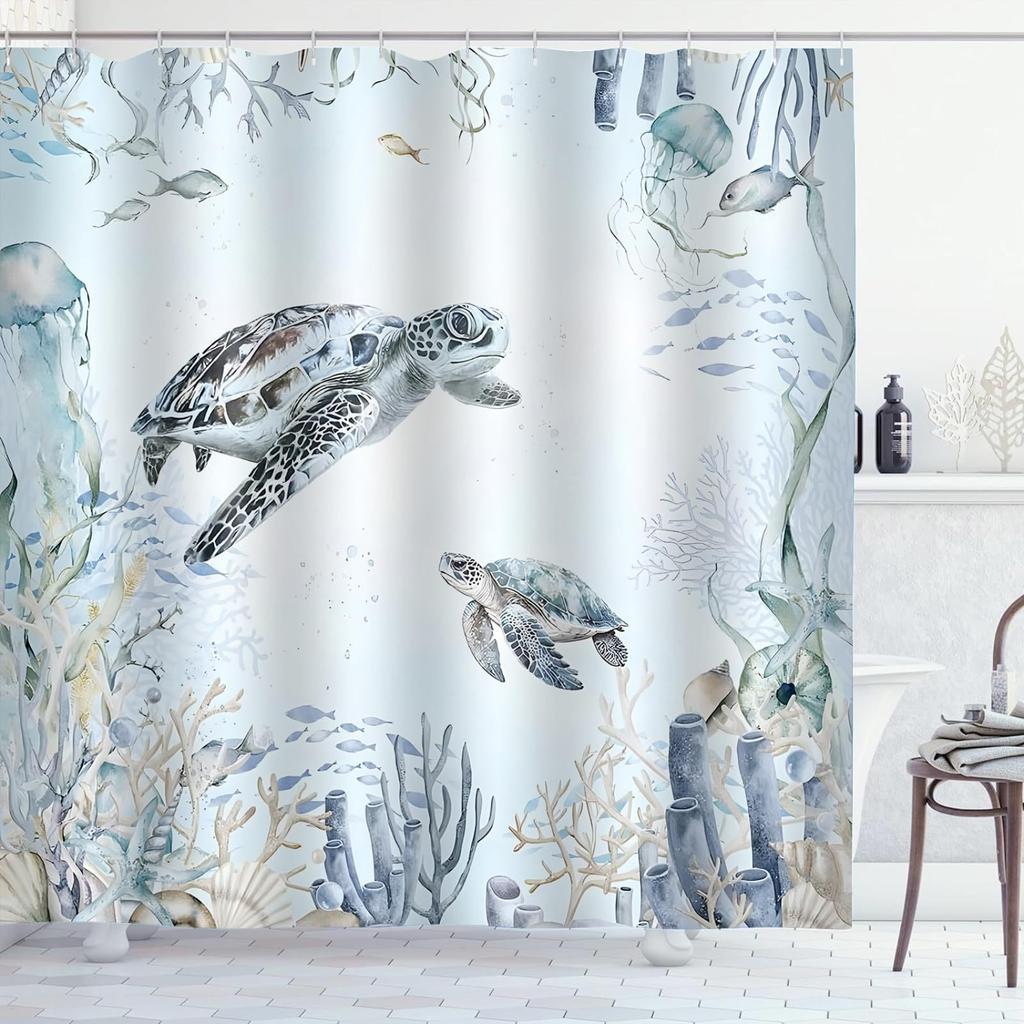 Coastal Turtle Shower Curtain Fish Coral Starfish Shell Blue Ocean Beach Waterproof Polyester Fabric Bathroom Curtains