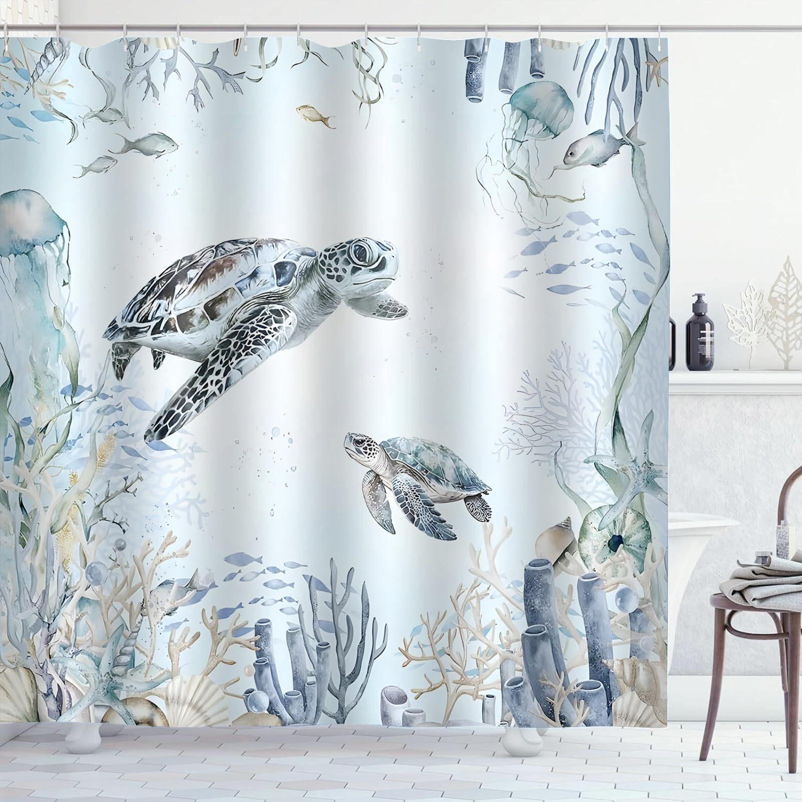 

Coastal Turtle Shower Curtain Fish Coral Starfish Shell Blue Ocean Beach Waterproof Polyester Fabric Bathroom Curtains 2pcs*90x180cm