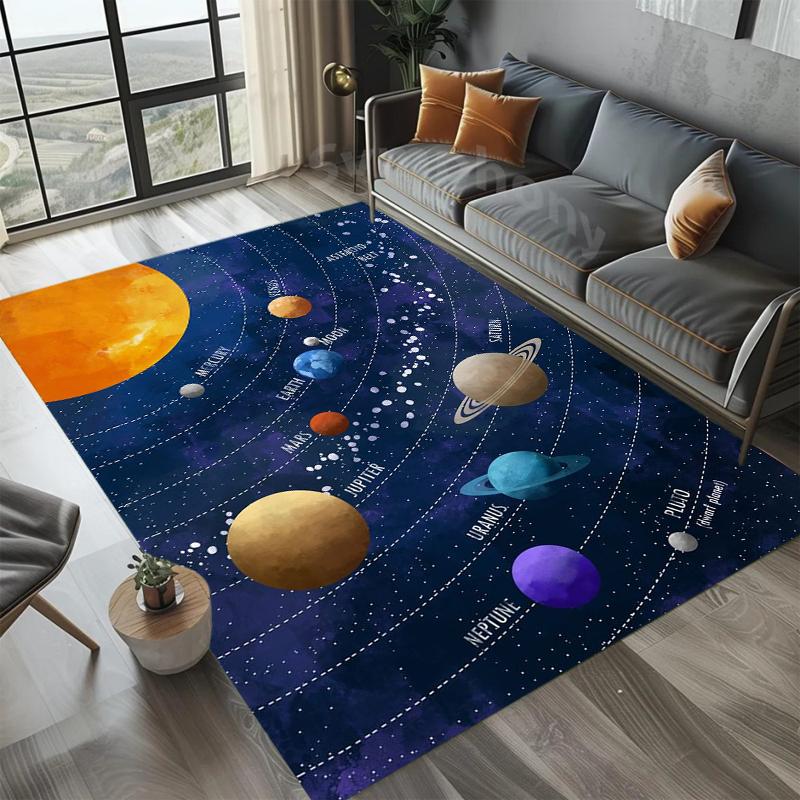 Solar System Rug Planet Galaxy Design for Living Room & Kids Bedroom | Non-Slip Space Floor Mat Home Decoration