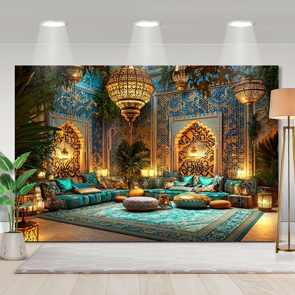 An Elegant Moroccan Lantern Scene Background - Polyester Fiber, Multi-functional, with Complex Blue, Gold and White Patterns