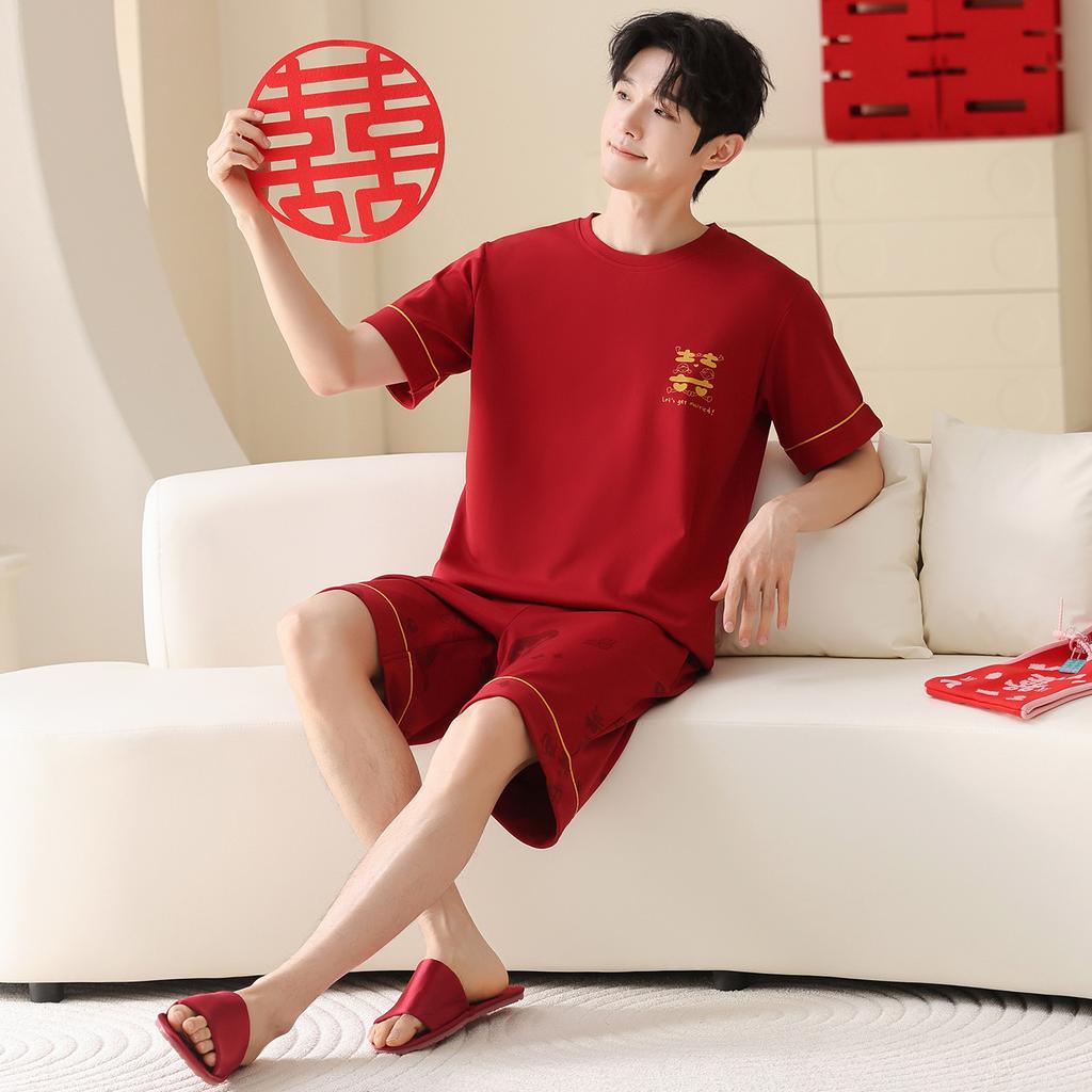 Red Wedding Couple Pajamas Women's Summer Short-sleeved Pure Cotton Pajamas Cute Natal Year Wedding Loungewear Men's Suit