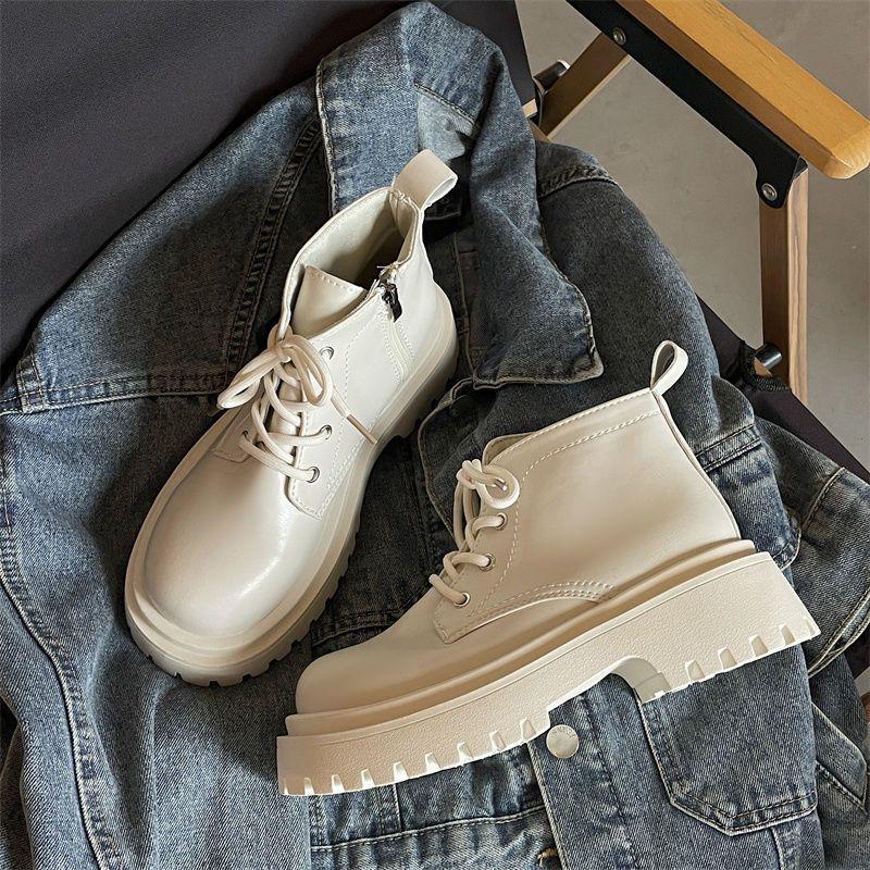 Korean Version of Thick-soled White Short Martin Boots Women's 2025 Autumn New Versatile Lace-up Heightening Muffin Bottom Small Short Boots