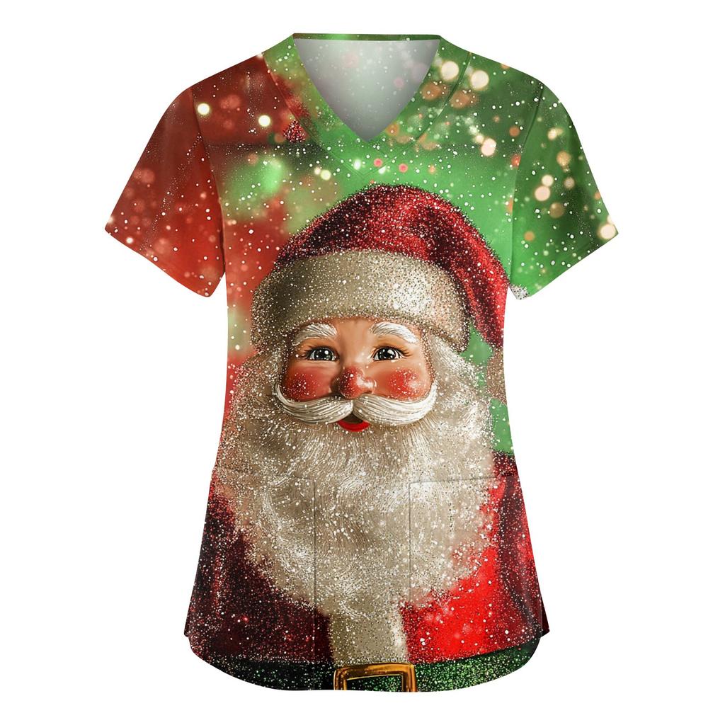 Damen Modische V-Ausschnitt Arbeitskleidung Weihnachten Bedruckt Kurzärmlig Tasche Seitenschlitz Arbeitskleidung Basic Pullover Top