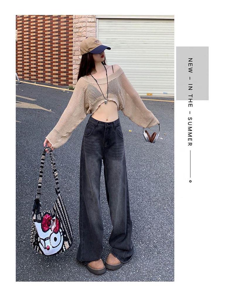 Women's High Waist Wide Leg Jeans - Black & Grey, Spring/Autumn, Plus Size, Floor Length, Straight Leg, Slimming.