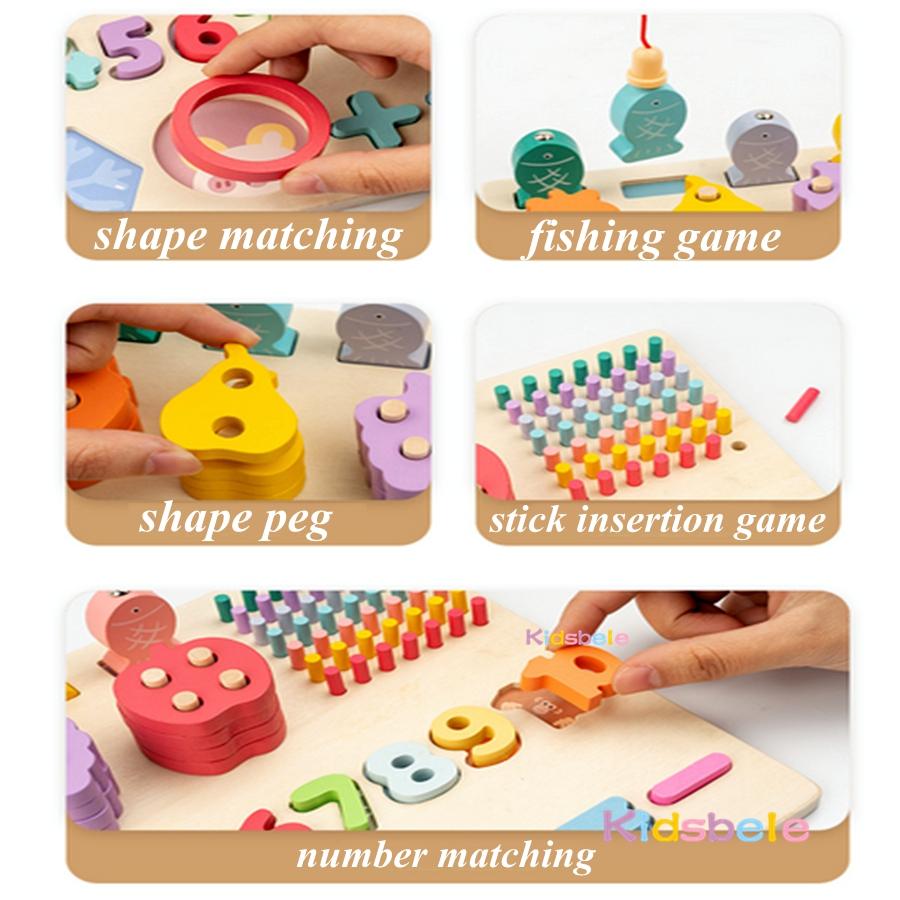 Montessori Wooden Shape Number Matching Building Block Toys 5 In 1 Color Fruit Cognition Fishing Toy Fine Motor Skill Board Game