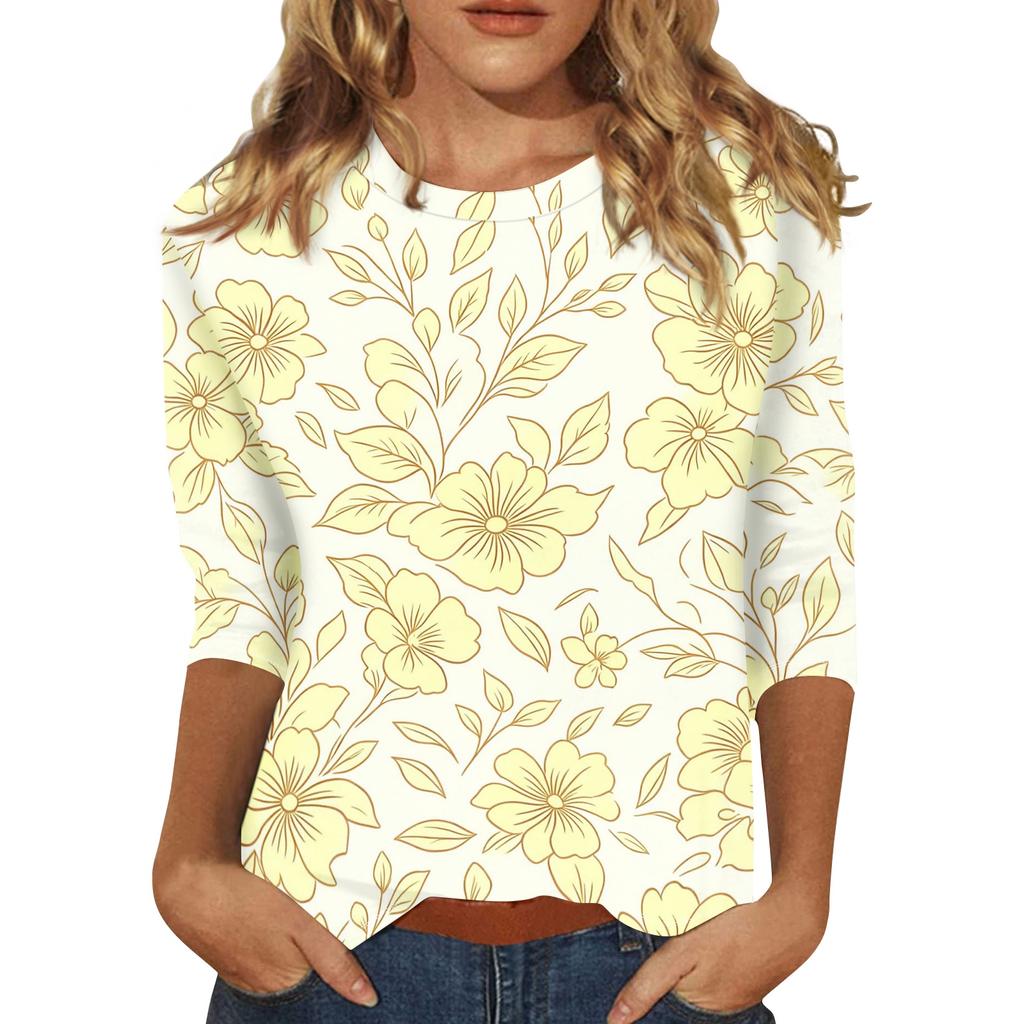 Women’s Casual Three Quarter Sleeve Floral Print Crew Neck Top Loose Fit Lightweight Comfortable Blouse for Daily Wear