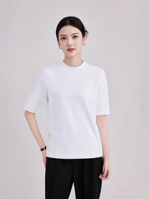 High-End Women's Ribbed Crew Neck Mid-Sleeve T-Shirt