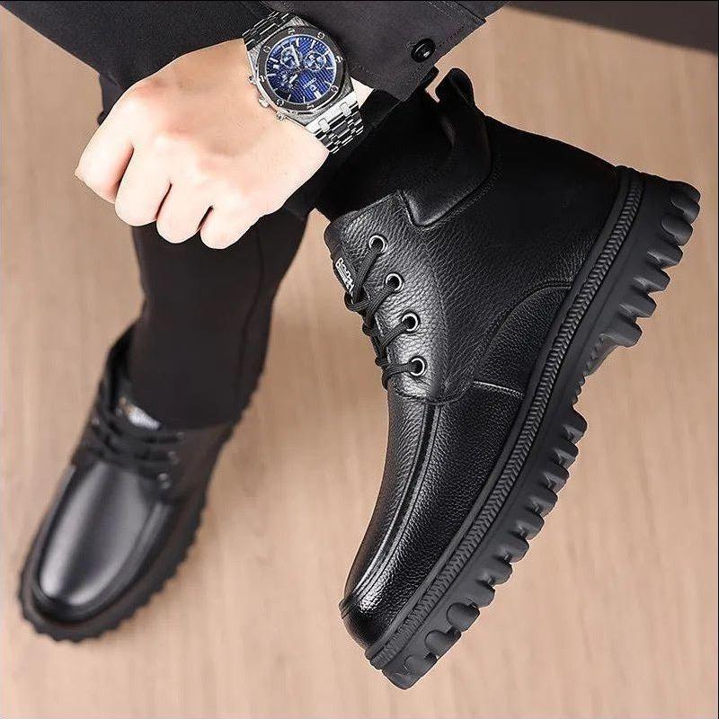 Fashion Designer New Cow Leather Platform  Boots for Men Fashion Casual Soft-soled Warm Men's Cotton Shoes Winter Black Ankle Boots Male