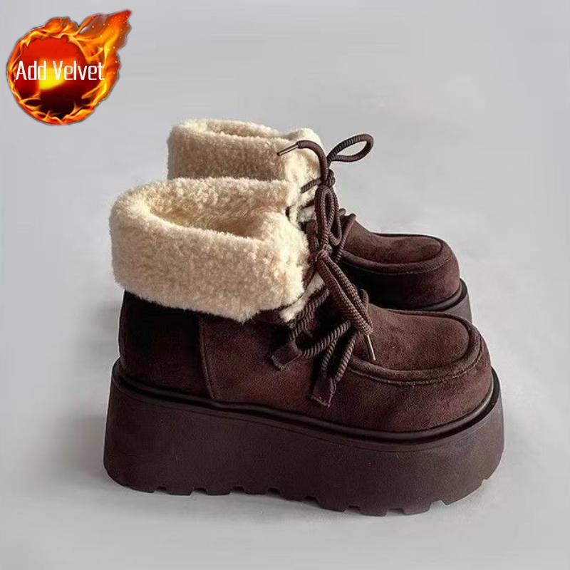 

Модные шнурованные массивные зимние ботинки для женщин, зимние ботильоны с круглым носком, увеличивающие рост, плюшевая женская обувь, новая рок-мода 2025, готические ботинки 40