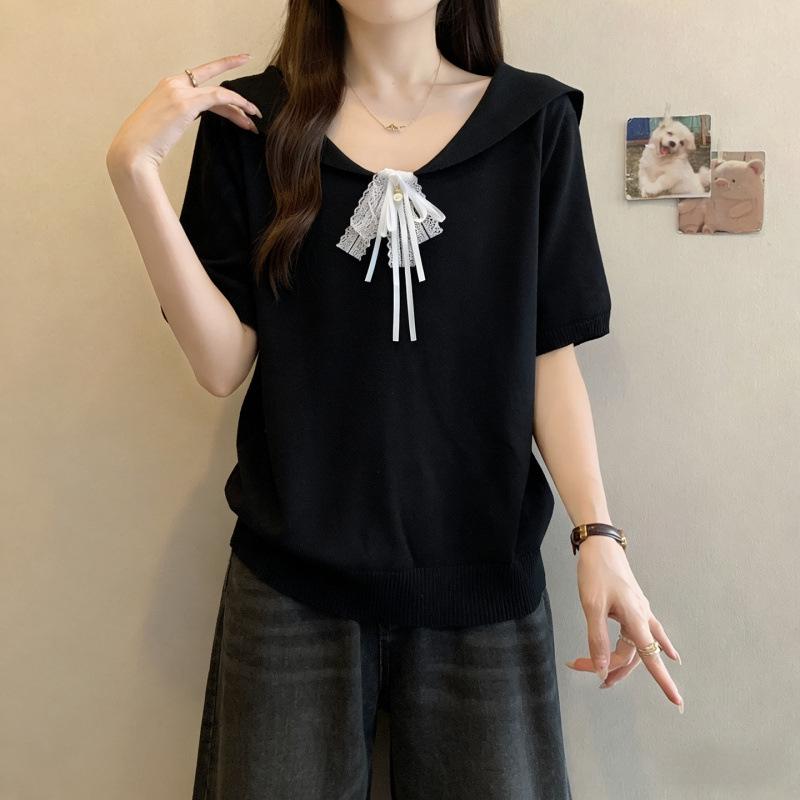 Plus Size Women s Ice Silk Doll Collar Short Sleeve Knit Top - Summer Slimming Style L