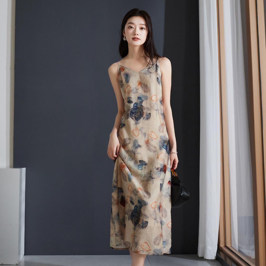 Fashionable Retro Printed Camisole Dress 2026 Summer Thin Style Versatile Mid Length Dress