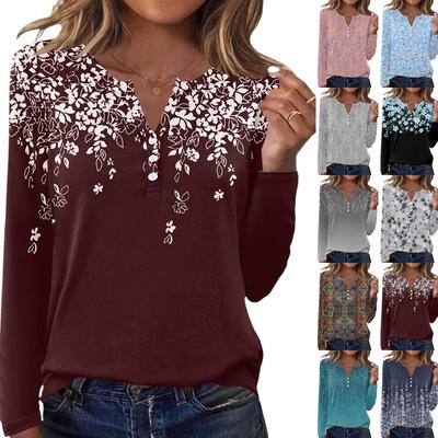 T-shirt décontracté et tendance pour femmes, imprimé floral vintage, col rond, haut à manches longues.