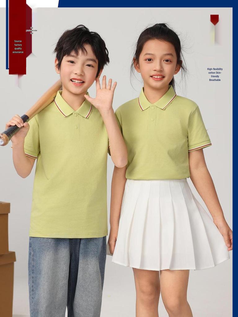 U105 Kids' High Flexibility Antibacterial Snap Button Stripe Collar Short Sleeve Polo Shirt, European/Asian Size 10A.