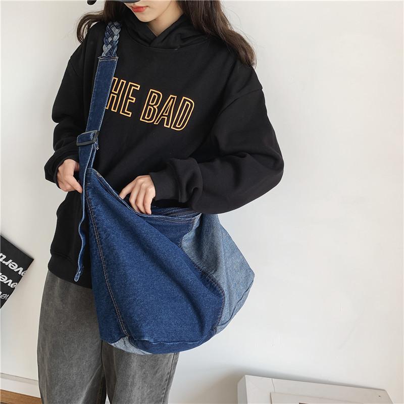 Student Backpack Color-block Denim Crossbody Bag Lazy Style Large-capacity One-shoulder Woman All-matching Fashionable