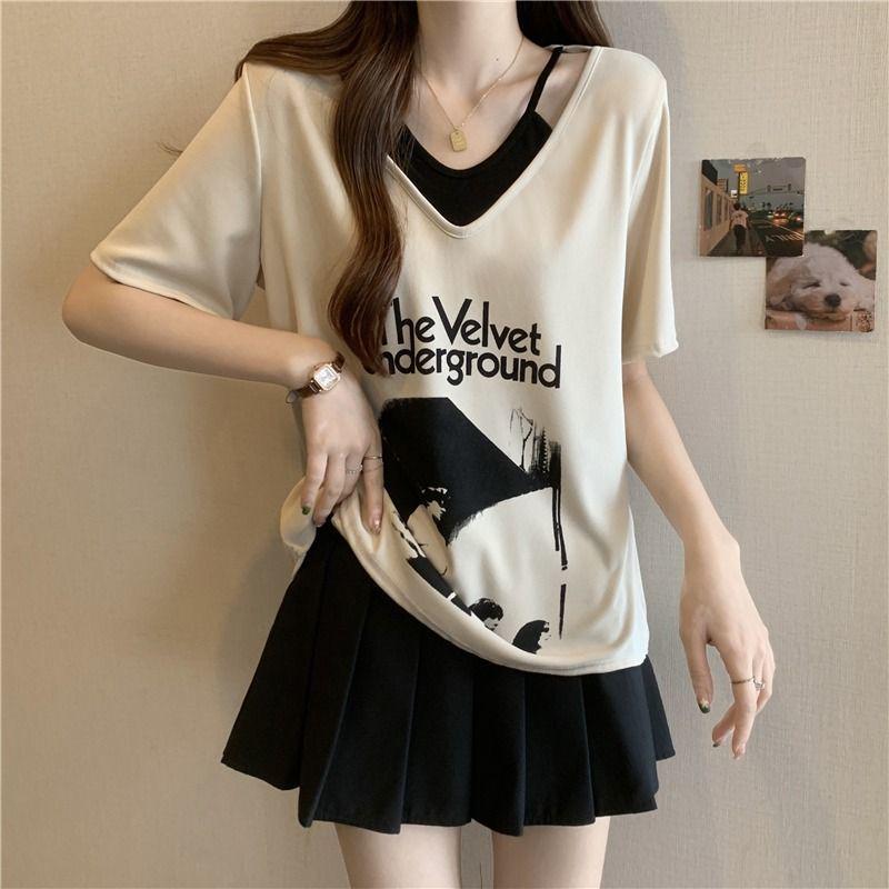 

New Women s Plus Size V-Neck Color Block Patchwork Short Sleeve T-shirt, Slimming Two-Piece Effect Summer Top L for 100-120 lbs абрикосовый