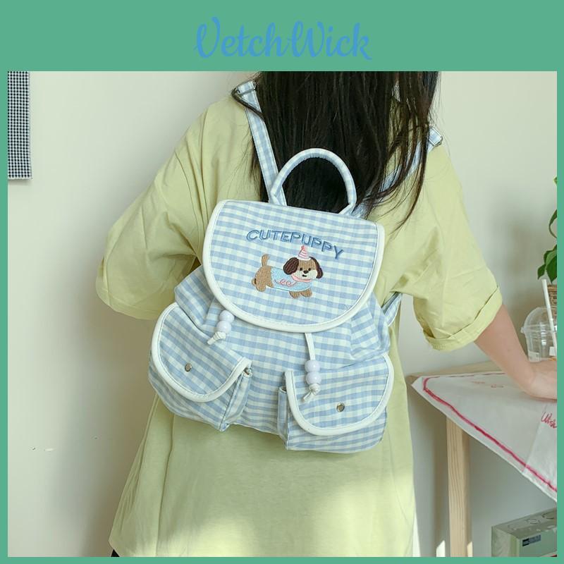 Letter Small Dog Embroidered Checkered Pattern Cartoon Backpack With Lightweight Design For Travel